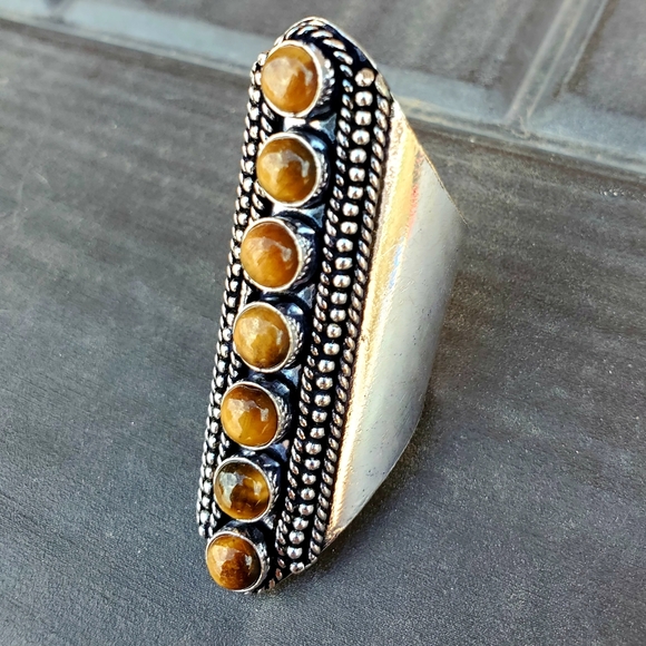 New 7 Stone Tiger Eye Adjustable Silver Statement Ring. - Picture 4 of 15
